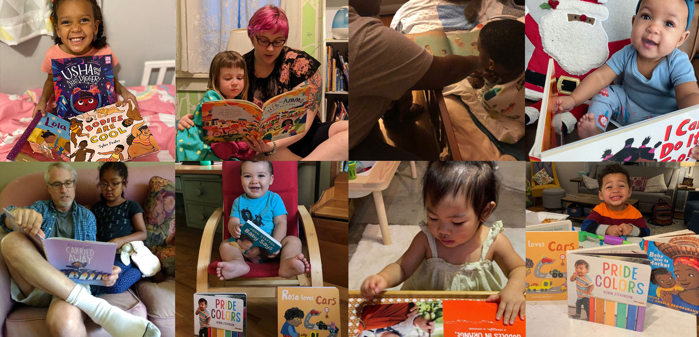 Images of happy kids with their diverse children's books